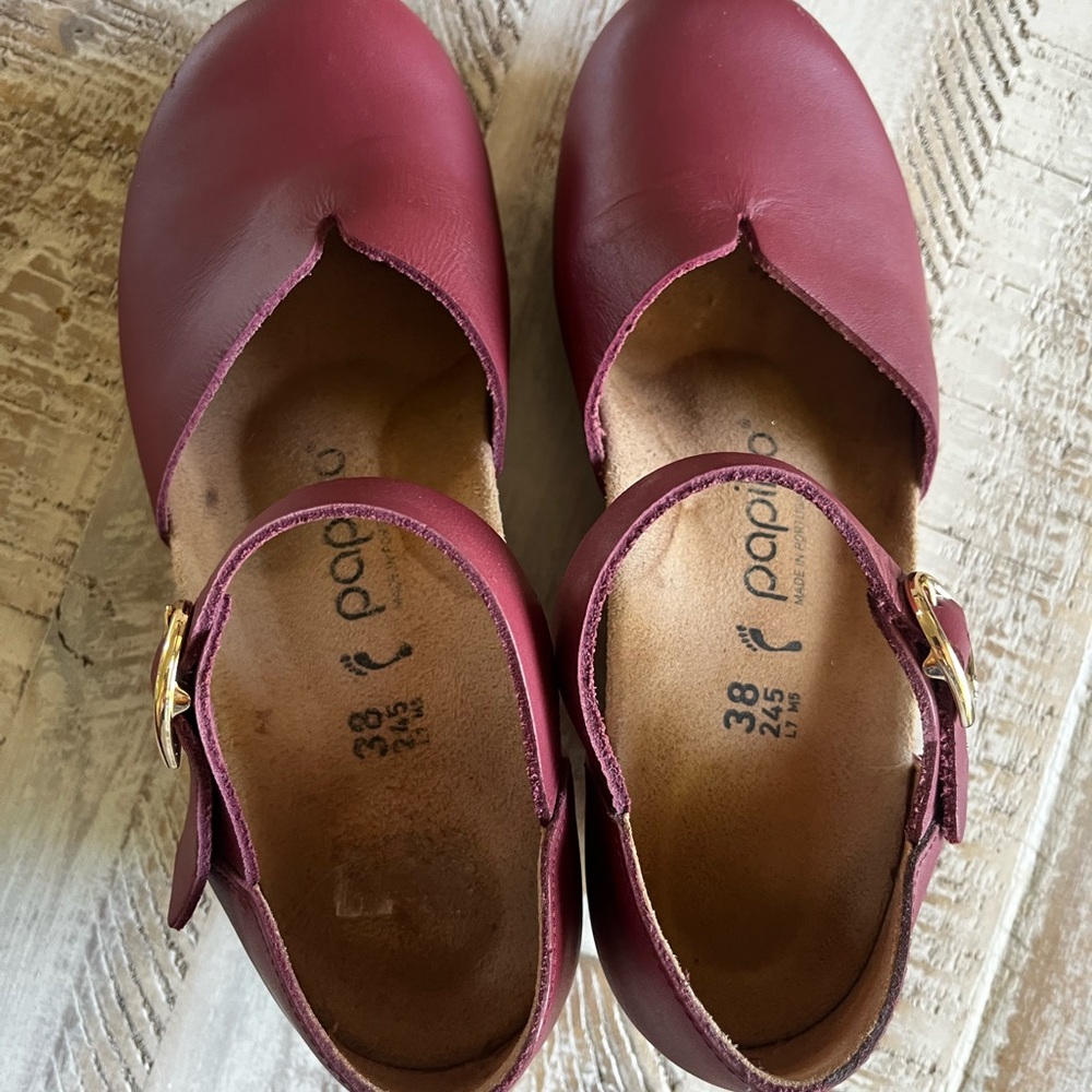 Papillio Maroon Leather Wedges with Gold Buckle